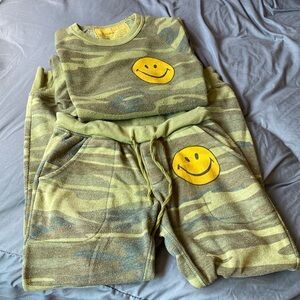 Aviator Nation Green Camo Sweater with Yellow Smiley